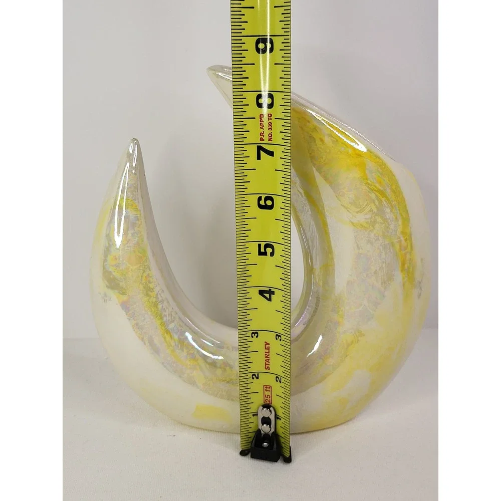 Vintage Iridescent Yellow Marbled Ceramic Crescent Moon Vase Art Pottery 8.5
